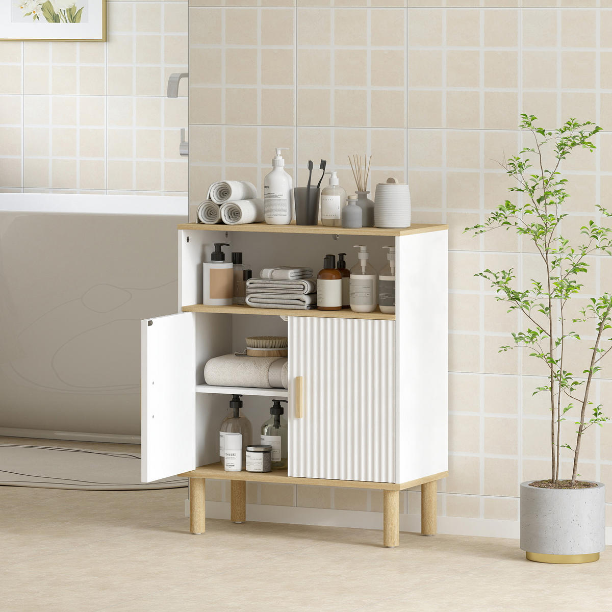 BADMÖBEL DE-17355 ausziehbarer Wäschekorb, 3-in-1 Natur - Weiß, Holzwerkstoff (60/76.5/29.5cm) - ComfortXL