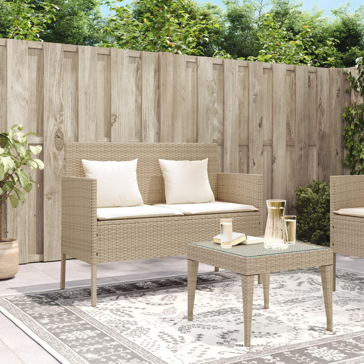GARTENBANK mit Kissen Beige Poly Rattan - Beige/Creme, Kunststoff (113/87/61cm) - furnicato