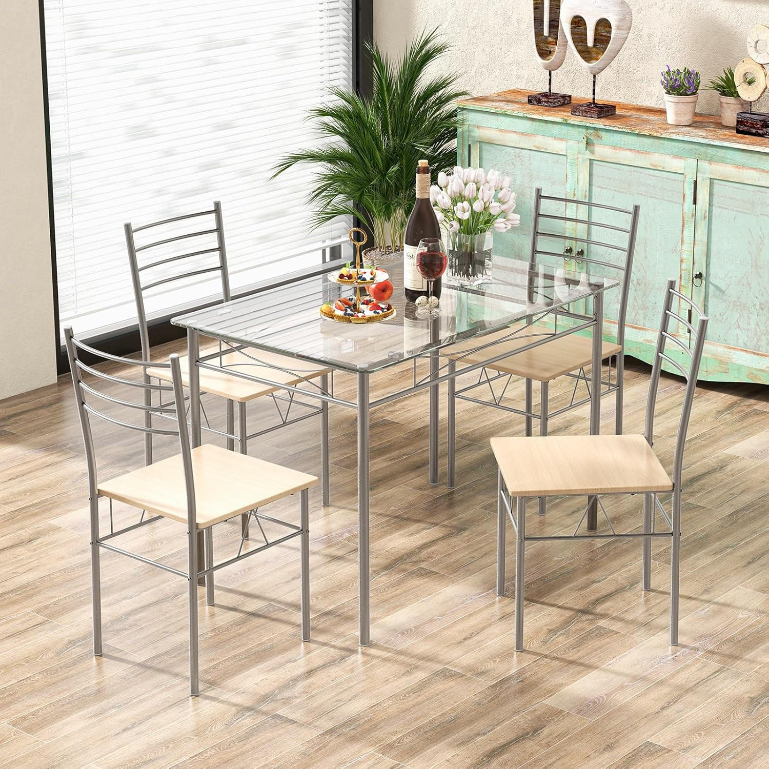 ESSGRUPPE Holz - Naturfarben, Glas (49/86/40cm) - COSTWAY