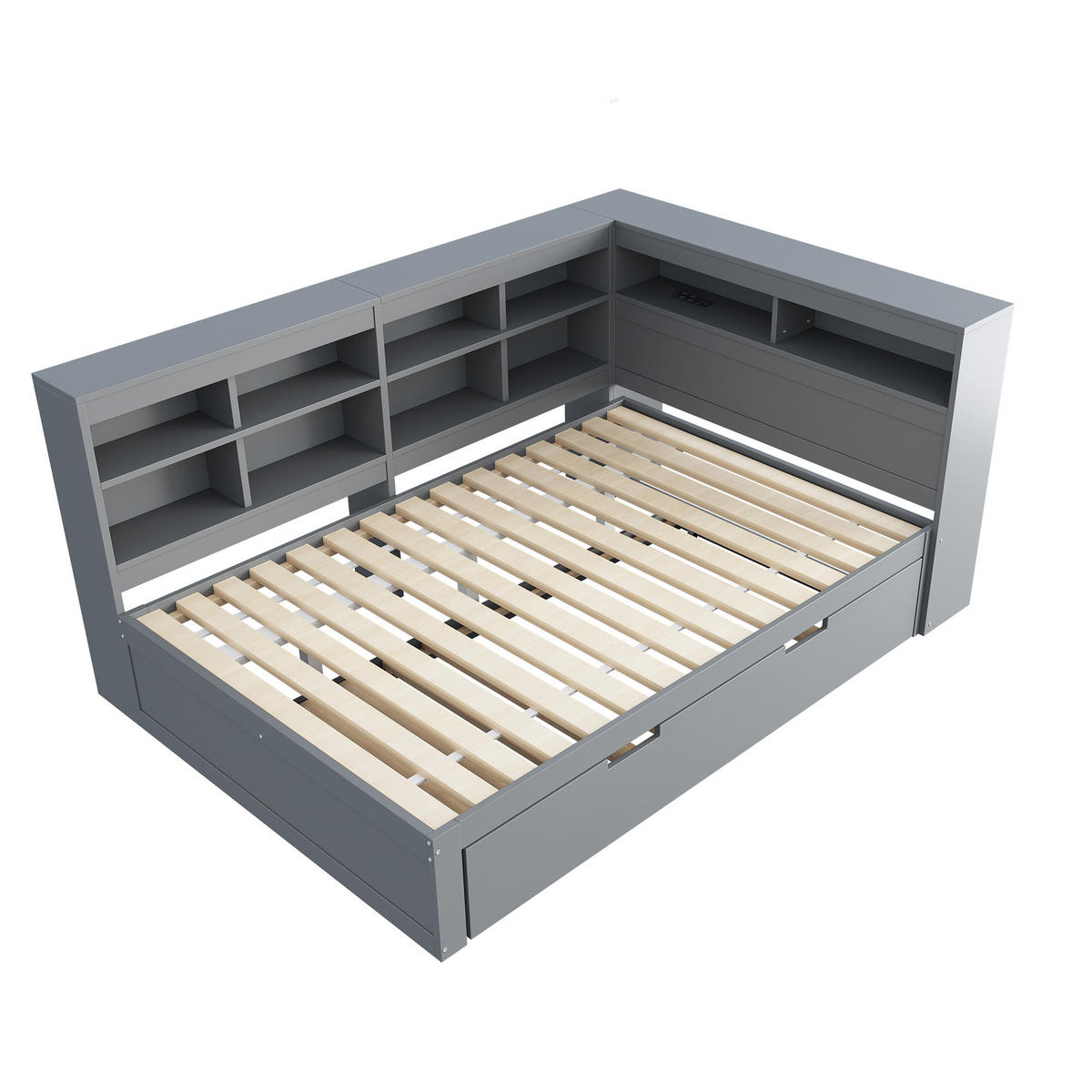 MULTIFUNKTIONSBETT 140/200 cm grau mit Ausziehbettund USB-Steckdose aus Massivholz - Grau, Holz (140/200cm) - OKWISH