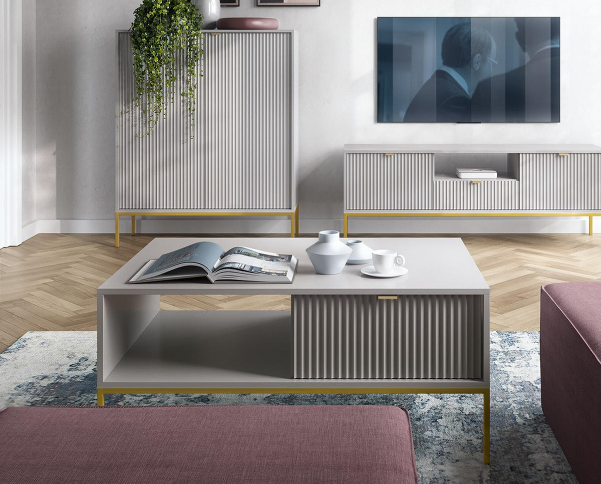 COUCHTISCH Kioto 104 cm in Grau mit Schubladen und Metallbeinen - Goldfarben/Grau, Holzwerkstoff/Metall (68/104/46cm) - Ravio