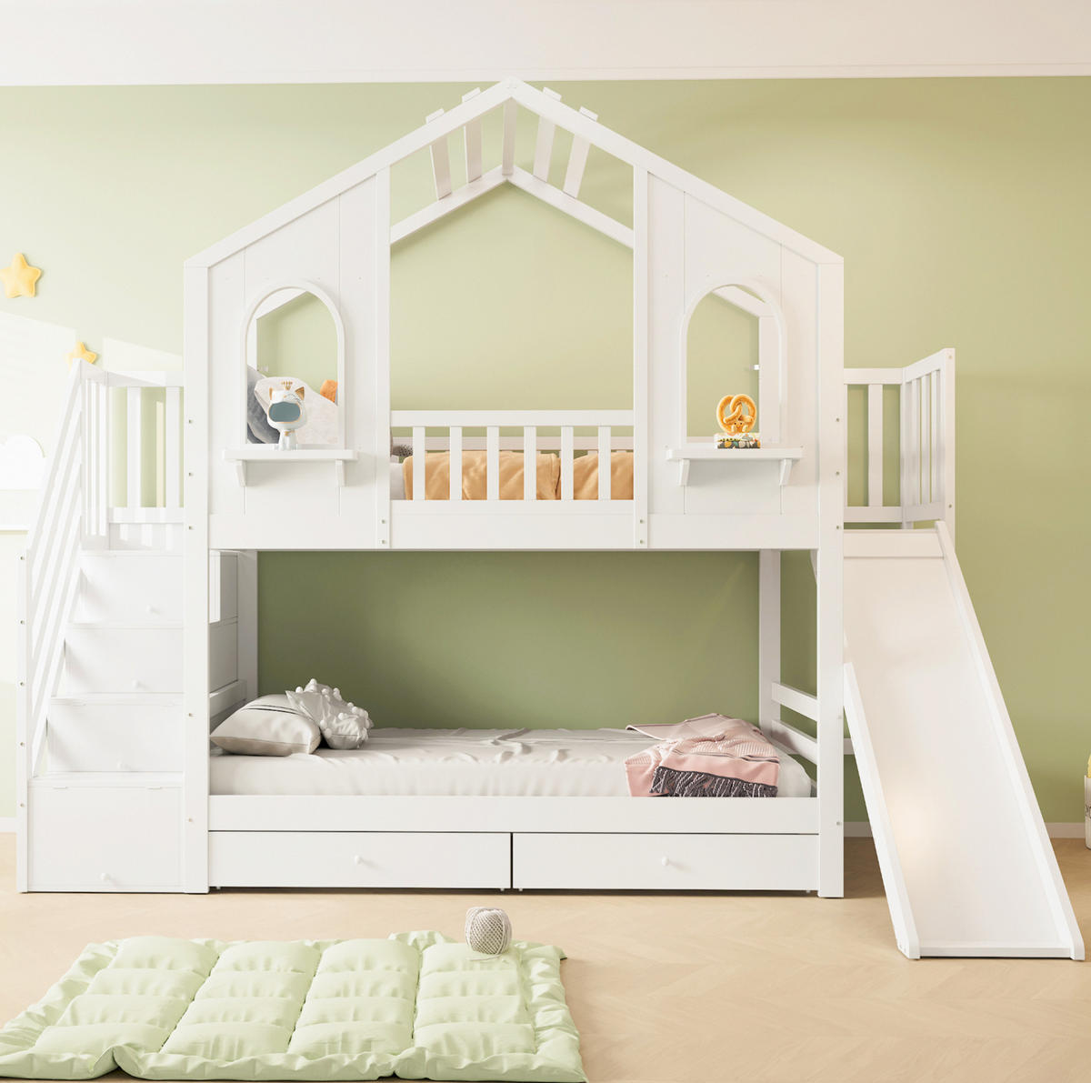ETAGENBETT 90/200 cm in Weiß mit Rutsche, Aufbewahrungsleiter und Schubladen - Weiß, Holzwerkstoff (90/200cm) - OKMYHOME