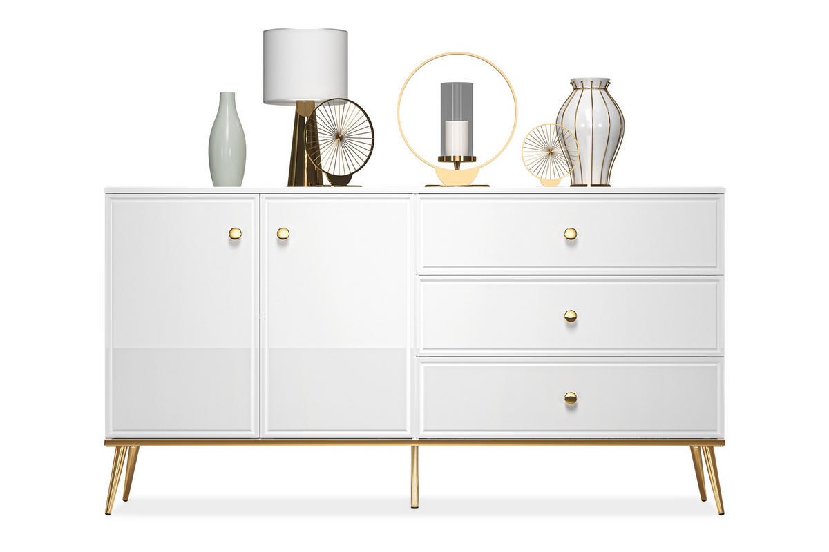 KOMMODE ISORIA viel Stauraum, Glas Weiß - Goldfarben/Weiß, Holz/Metall (160/85/40cm) - KONSIMO®