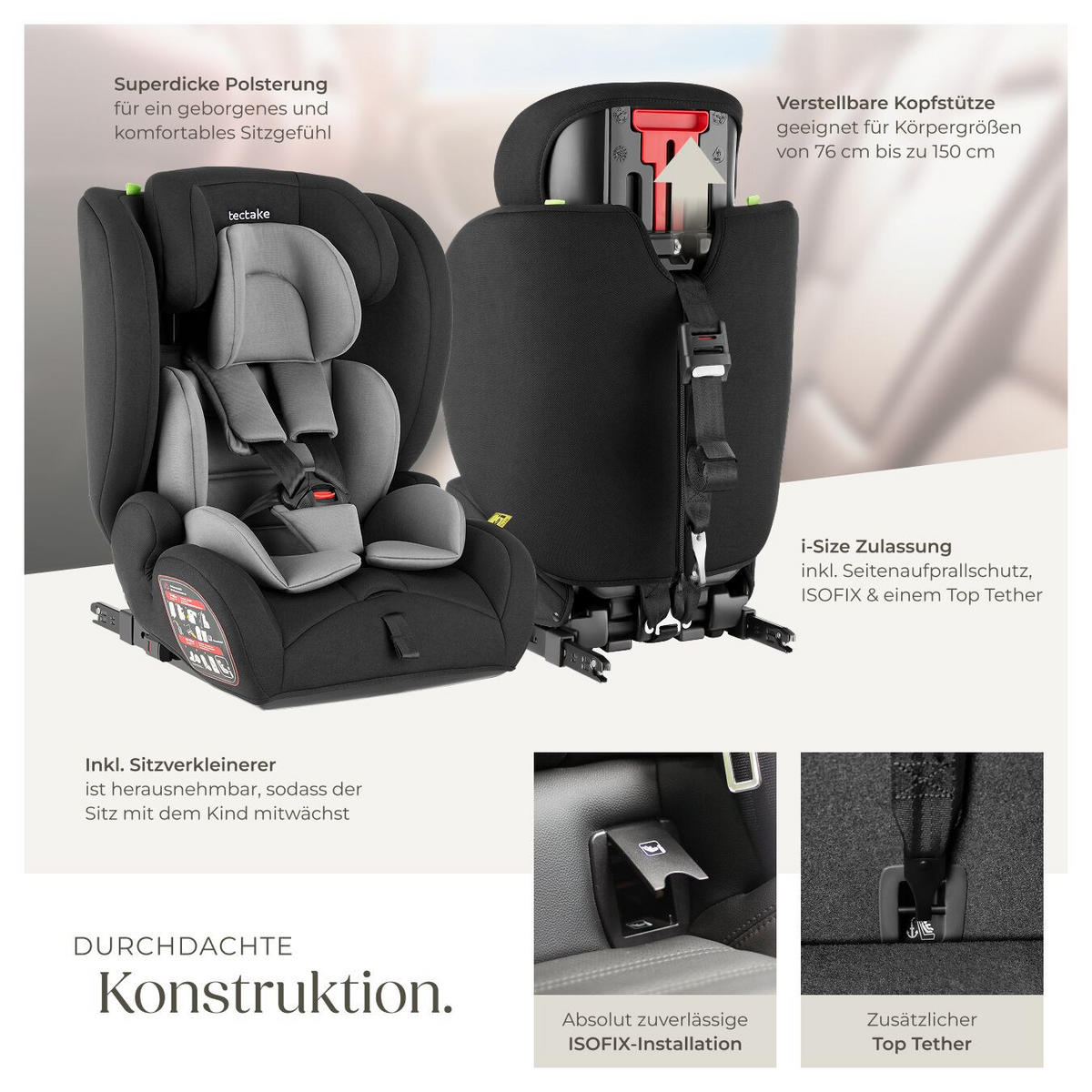 AUTOSITZ Emely,ab 15 Monaten von 76 bis 150 cm, Belastbarkeit 36 kg,dunkelgrau/schwarz - Dunkelgrau/Schwarz, Kunststoff (48/74/48cm) - tectake