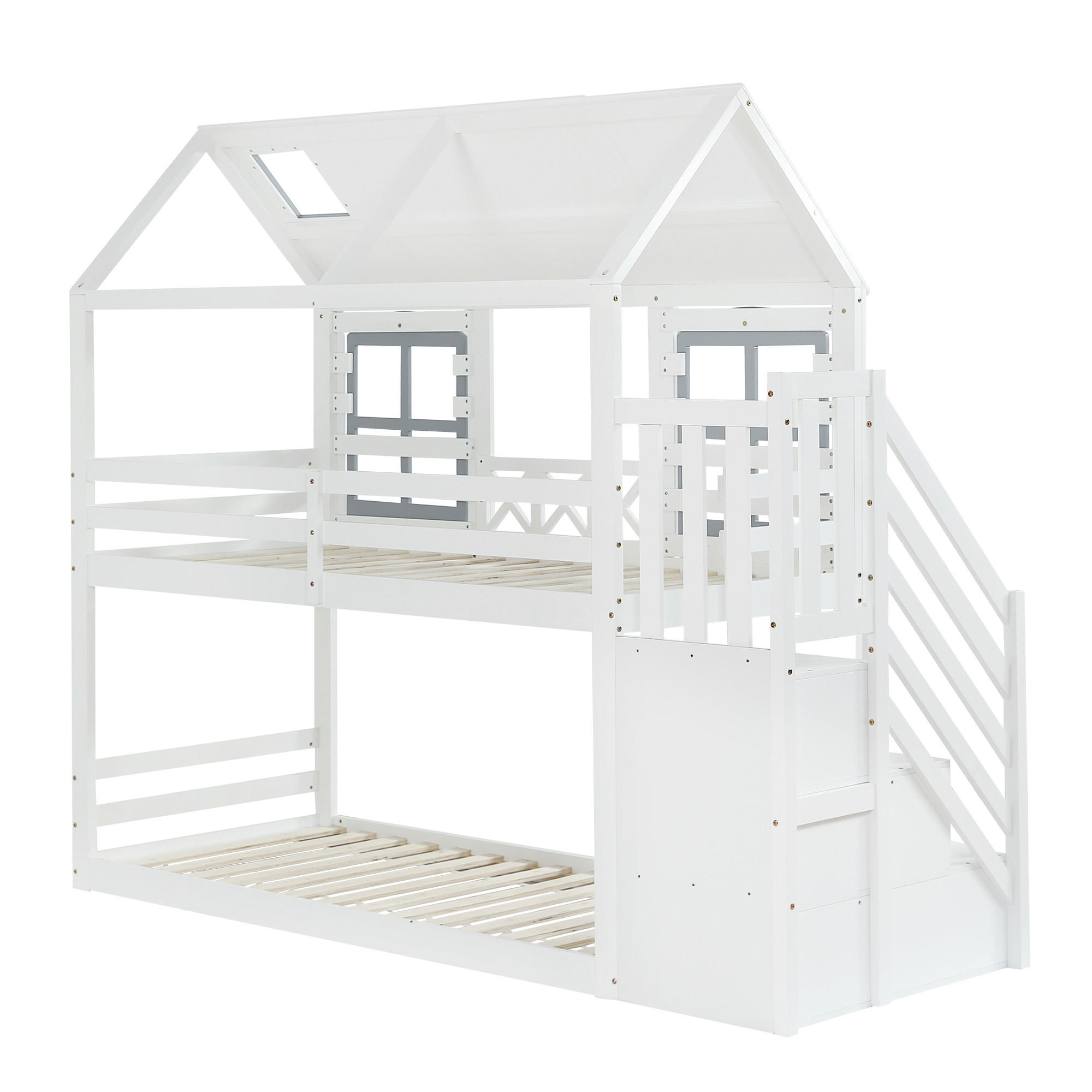 ETAGENBETT Kinder 90x200 Weiß+Grau mit Dach, Fenster und Stauraumtreppe - Weiß, Holz (90/200cm) - ComfortXL