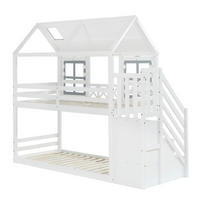 ETAGENBETT Kinder 90x200 Weiß+Grau mit Dach, Fenster und Stauraumtreppe - Weiß, Holz (90/200cm) - ComfortXL