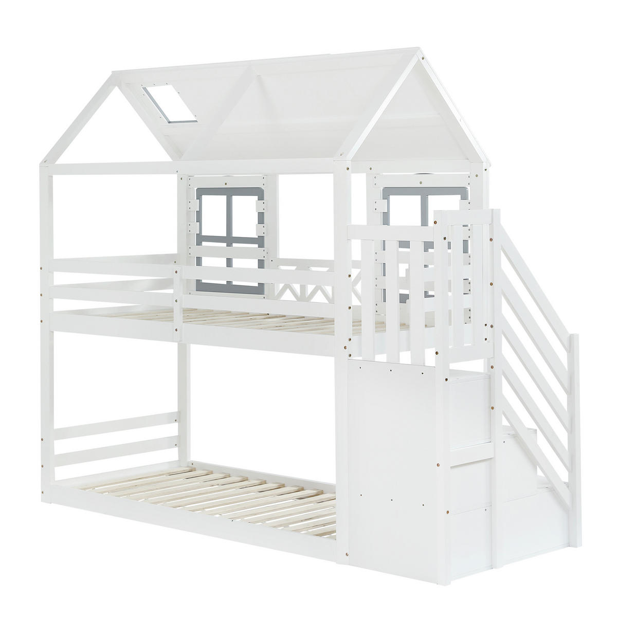 ETAGENBETT Kinder 90x200 Weiß+Grau mit Dach, Fenster und Stauraumtreppe - Weiß, Holz (90/200cm) - ComfortXL