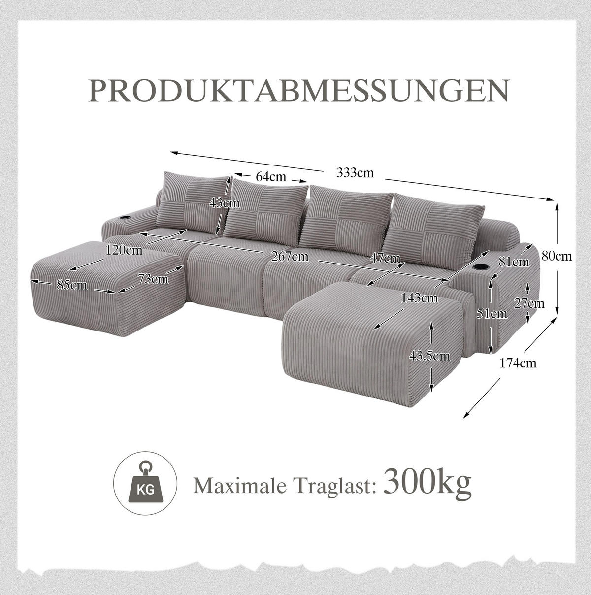 MODULARES Sofa 333/174/80 cm in Hellgrau mit 2 Hockern und Getränkehalter - Hellgrau, Textil (174/80/333cm) - Flora Grace