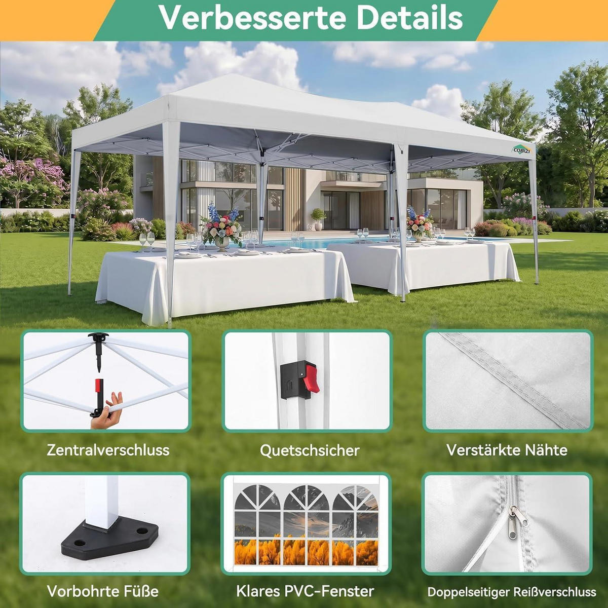 FALTPAVILLON 3x6m weiß mit 6 Seitenteilen und UV-Schutz 50+ - Weiß, Textil (300/270/600cm)