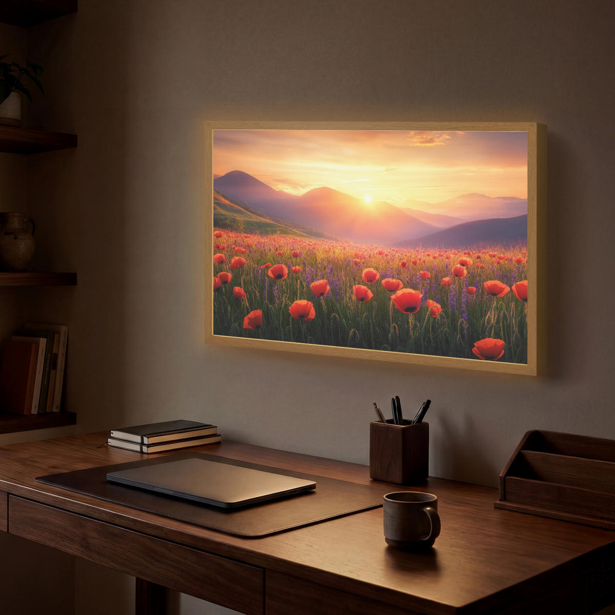 WANDLEUCHTE MIT AKKU Landschaft - Sonnenuntergang - Blumenfeld 60x40 cm - Rot, Holzwerkstoff (60/40/8cm) - OnlyWow