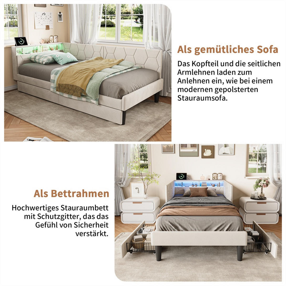 POLSTERBETT 90x200 cm mit Kopfteil-Stauraum - 2 Schubladen - USB Type-C & LED - ohne Matratze - Beige - Beige, Textil (90/200cm) - DELFA