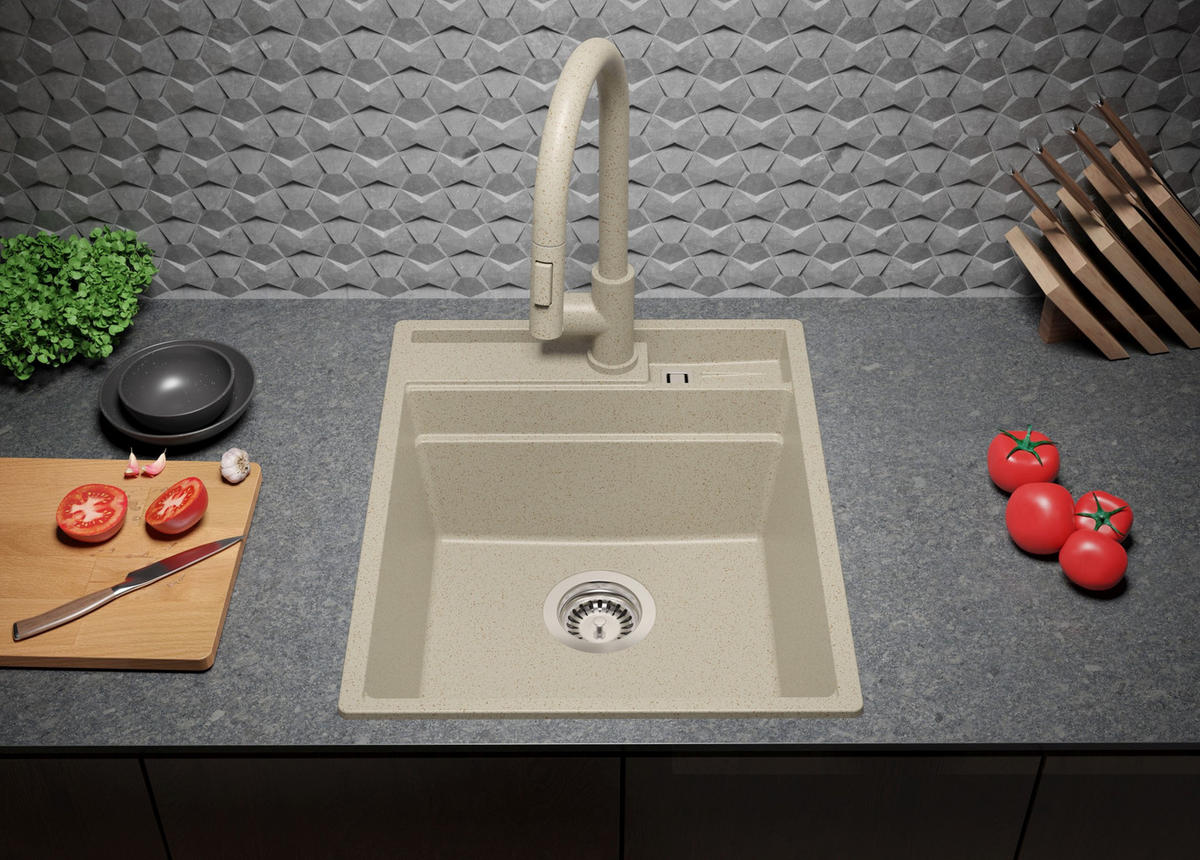 SPÜLBECKEN Oslo Pocket, 2-er set Beige 43/53 cm 1 Becken + Ablauf-Set + Küchenzubehörset ab 45er Unterschrank - Chromfarben/Beige, Kunststoff (43/20/53cm) - Primagran