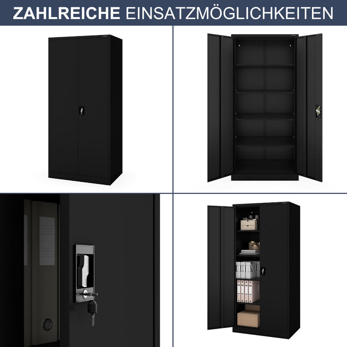 AKTENSCHRANK abschließbar KADO Flügeltüren 195x90x60cm Schwarz - Schwarz, Metall (90/195/60cm) - DELUKE