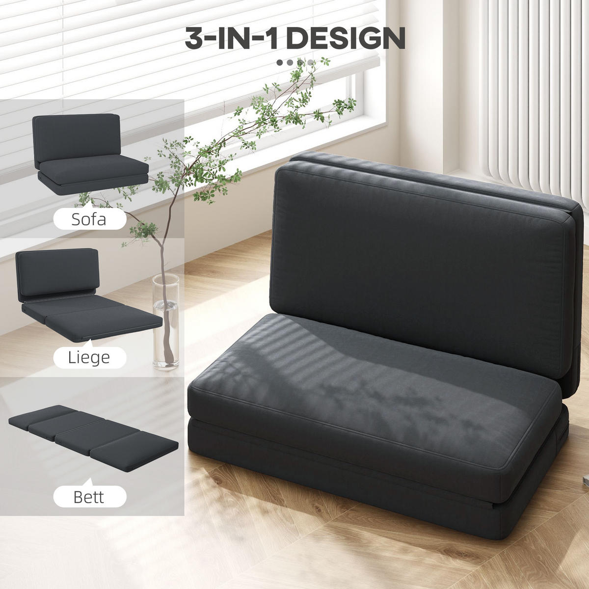 BODENSOFA 3-in-1 Klappbar Schlafsofa mit Samtoptik für Schlafzimmer, Wohnzimmer - Dunkelgrau, Textil (138/10/270cm) - HOMCOM