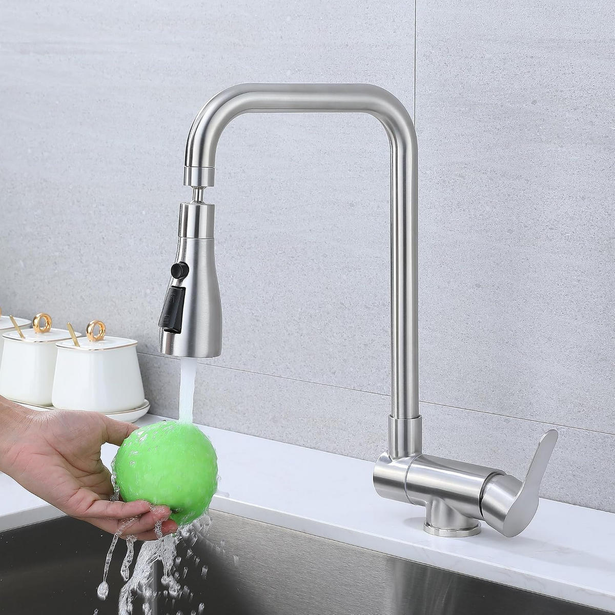 KÜCHENARMATUR klappbar für Vorfenstermontage, 4 Strahlarten, 304 Edelstahl gebürstet - Silberfarben, Metall (14.5/38/21cm) - TVTIUO