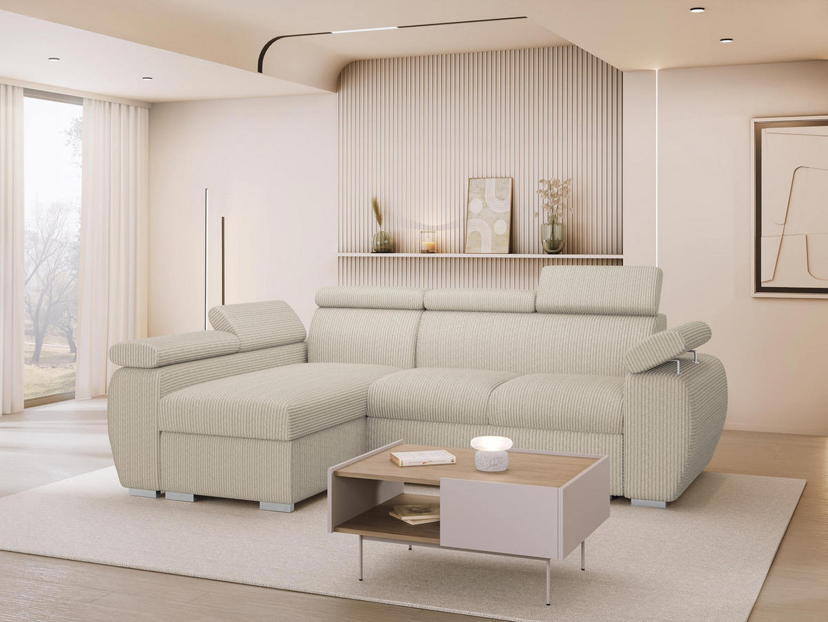 ECKSOFA Boston Mini Premium Cord 2RLC, Seite: Links LC+2R - Chromfarben/Beige, Holz/Textil (255/170cm) - MIRJAN24