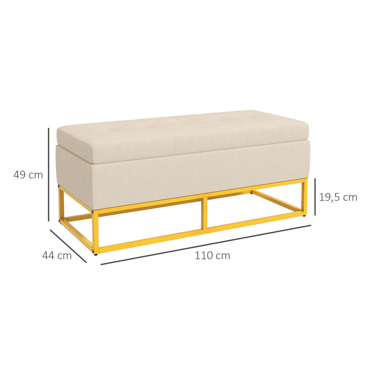 TRUHENBANKDE-07210 mit Knopfheftung und Flanelloptik Goldbeine - Beige, Metall (44/49/110cm) - ComfortXL