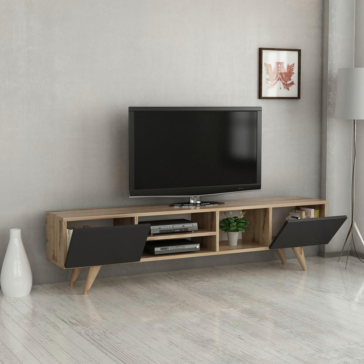 LOWBOARD Assens - Eichefarben/Schwarz, Holzwerkstoff/Kunststoff (160/40/31cm) - [en.casa]
