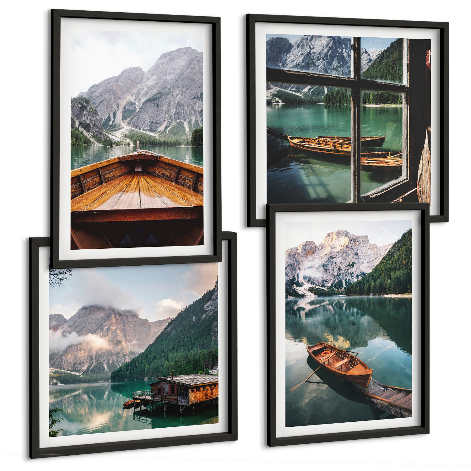 BILDER SET 4er Set - 50x50 cm & 40x60 cm Schwarzer Rahmen - See, Berge, Boote, Hütte, Fenster - Schwarz, Kunststoff (50/50cm) - TULUP