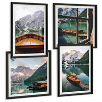 BILDER SET 4er Set - 50x50 cm & 40x60 cm Schwarzer Rahmen - See, Berge, Boote, Hütte, Fenster - Schwarz, Kunststoff (50/50cm) - TULUP
