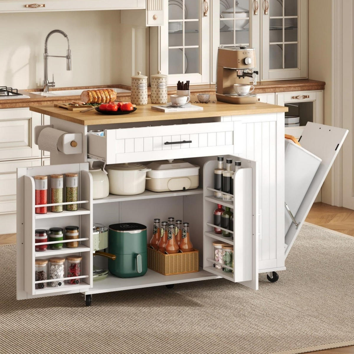 KÜCHENINSEL KLAPPBARE ARBEITSPLATTE, Mülleimerschrank, MDF, 130/70/93 cm - Weiß, Kunststoff (70/93/130cm) - Rolipo