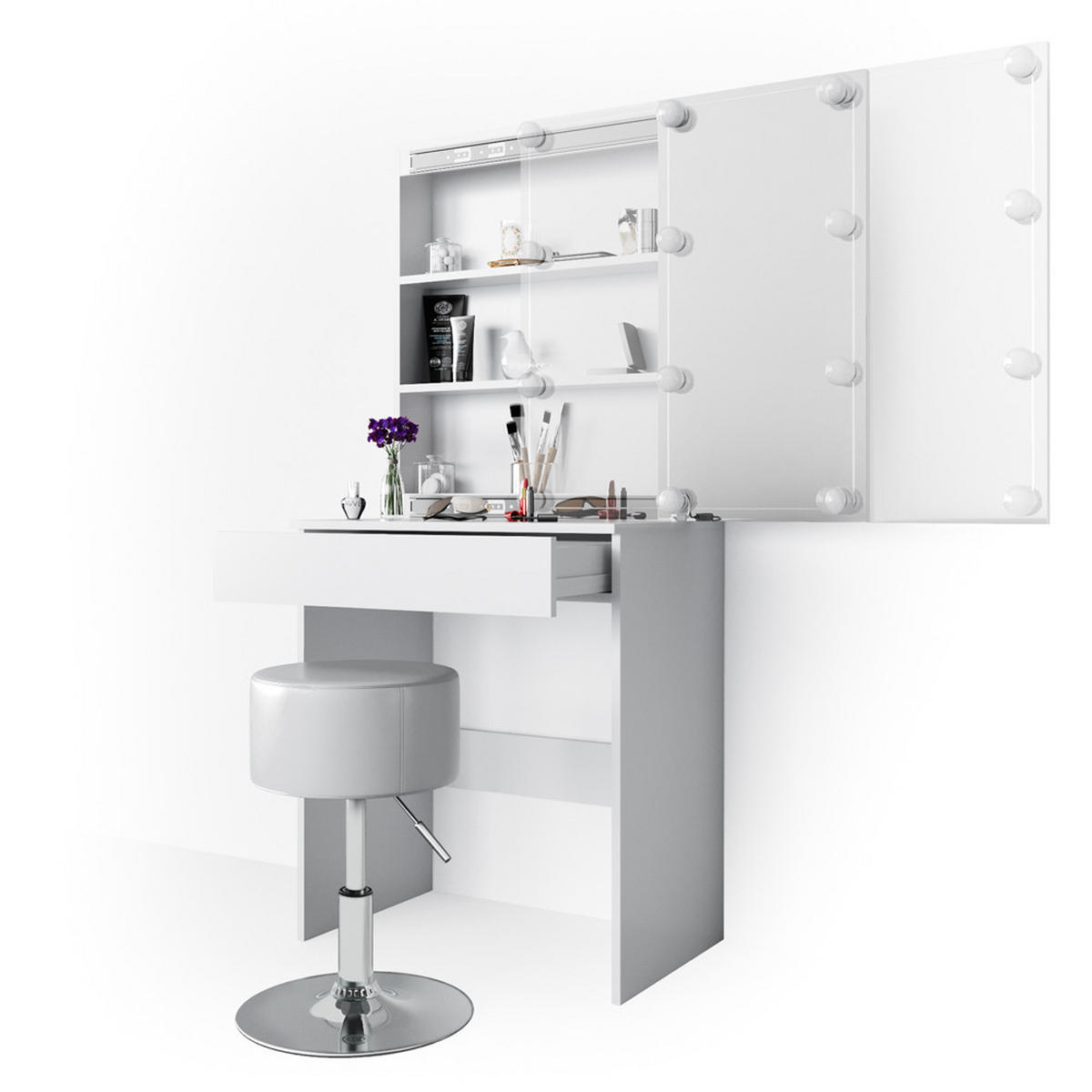 SCHMINKTISCH Melle Weiß 68 cm mit LED Beleuchtung und Hocker - Weiß, Holzwerkstoff (68/155/42cm) - Vicco