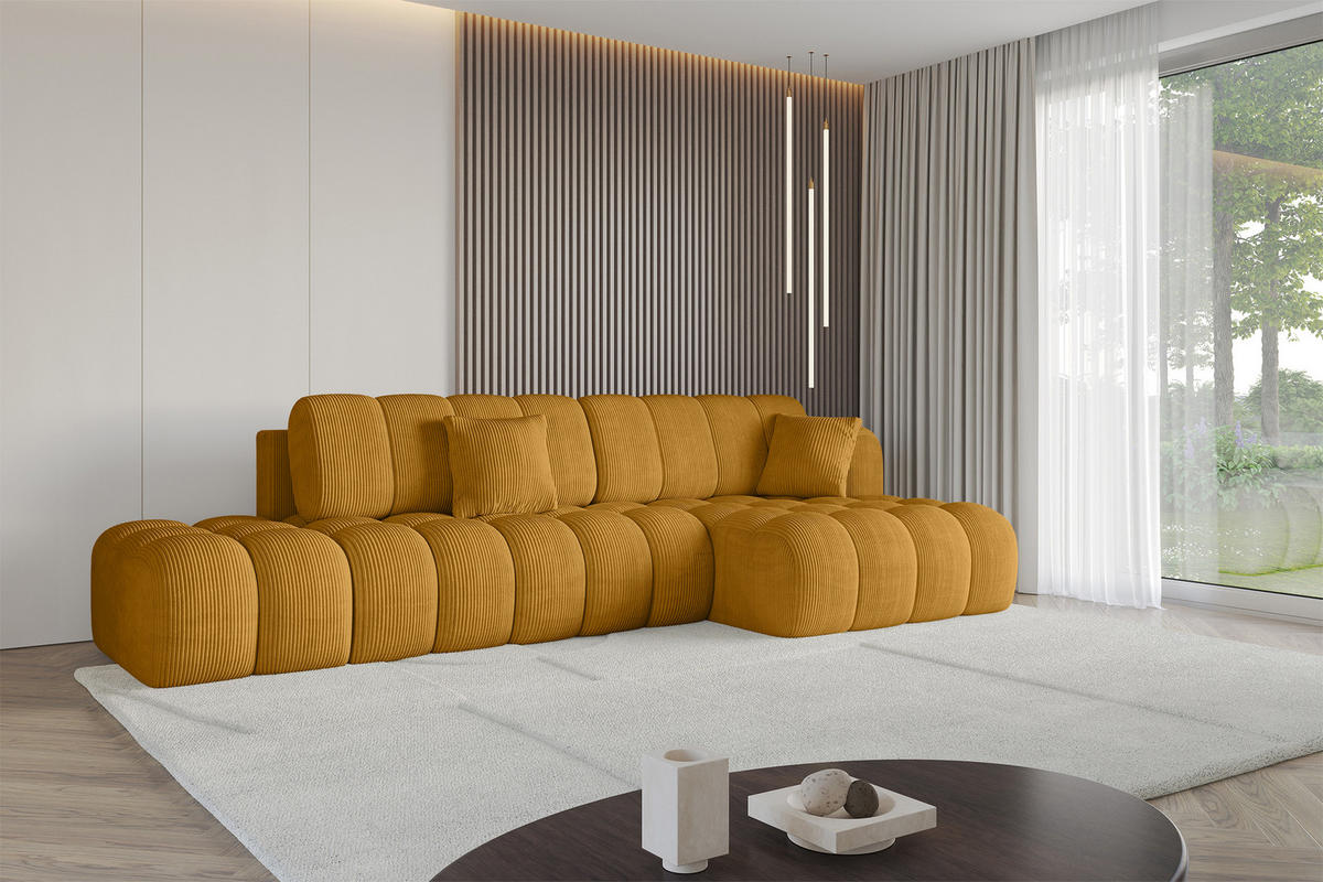 ECKSOFA mit Schlaffunktion Ottomane RECHTS OLEA-L2 321x164x75 Senfgelb Cord - Schwarz/Honig, Holzwerkstoff/Kunststoff (164/321cm) - ALTDECOR
