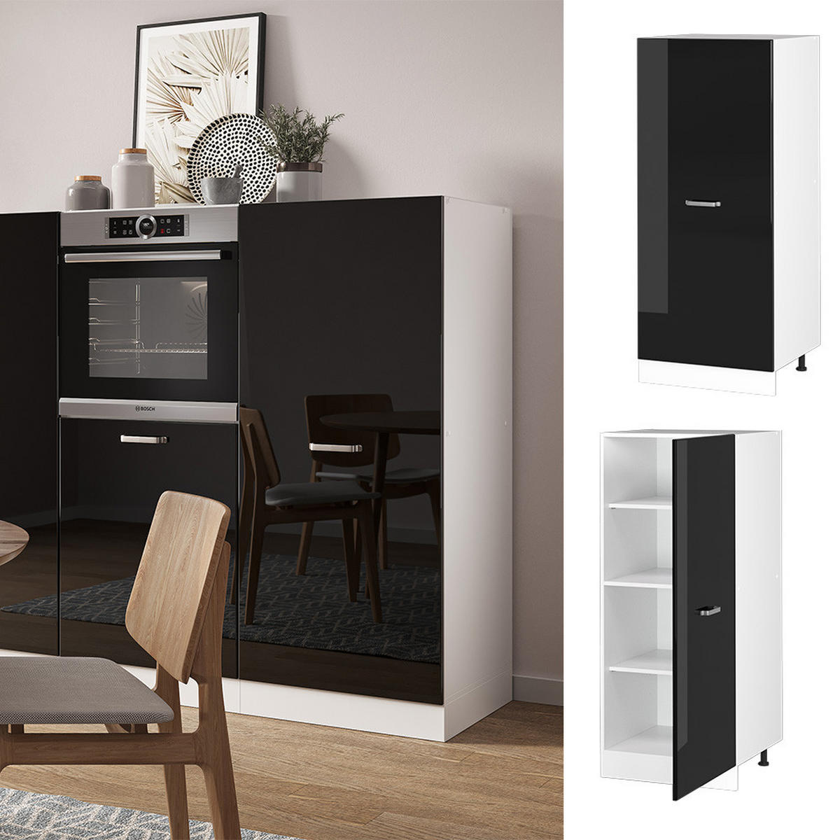 HOCHSCHRANK R-Line Schwarz Hochglanz 60 cm - Schwarz Hochglanz/Schwarz, Holzwerkstoff (60/143/57cm) - Vicco