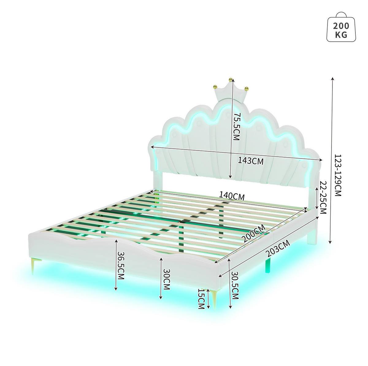 DOPPELBETT aus PU-Kunstleder 140x200 cm Weiß mit LED-Beleuchtung und höhenverstellbarem Kopfteil - Weiß, Kunststoff (140/200cm) - IVMEU