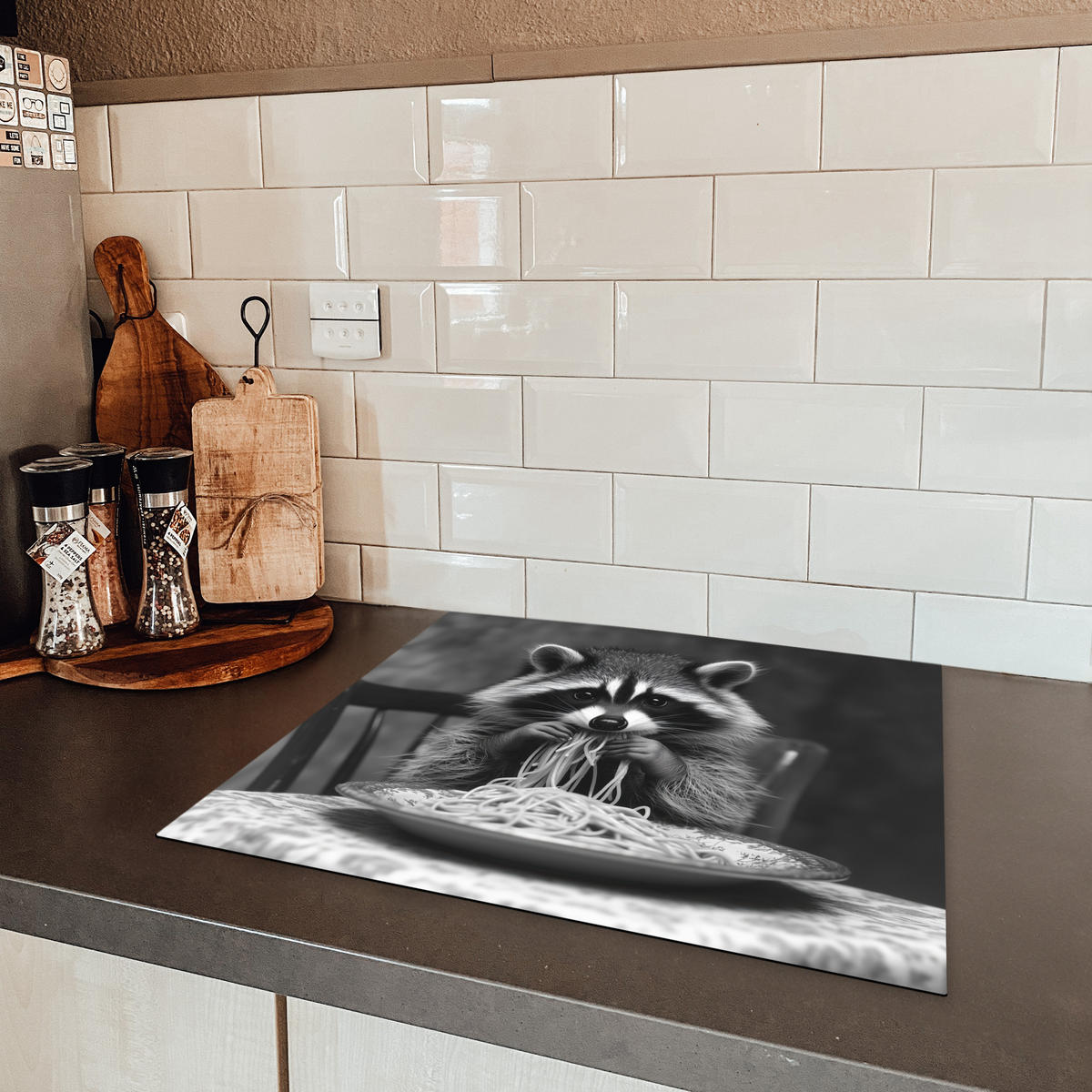 HERDABDECKPLATTE Waschbär - Niedlich - Pasta - Tischtuch - Schwarz - Weiß Herdabdeckung Induktionsfeld 60x52 cm - Grau, Kunststoff (60/52/0.2cm) - MuchoWow