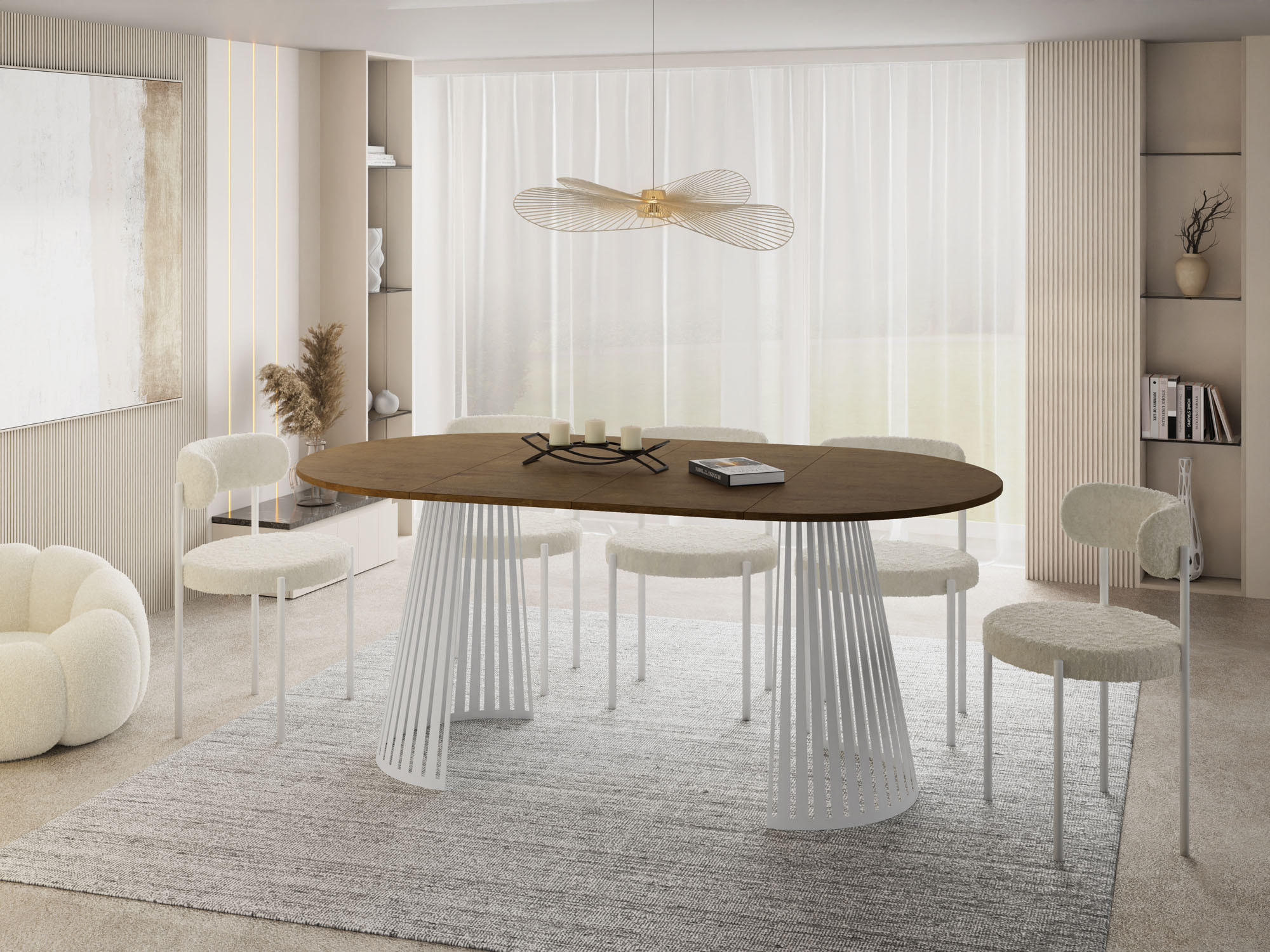 ESSTISCH Naro rund ausziehbar mit Weißem Lamellen-Metallgestell, Braun 100-180/100/76 cm - Alteiche/Weiß, Holzwerkstoff/Metall (100/100/76cm) - WFL GROUP