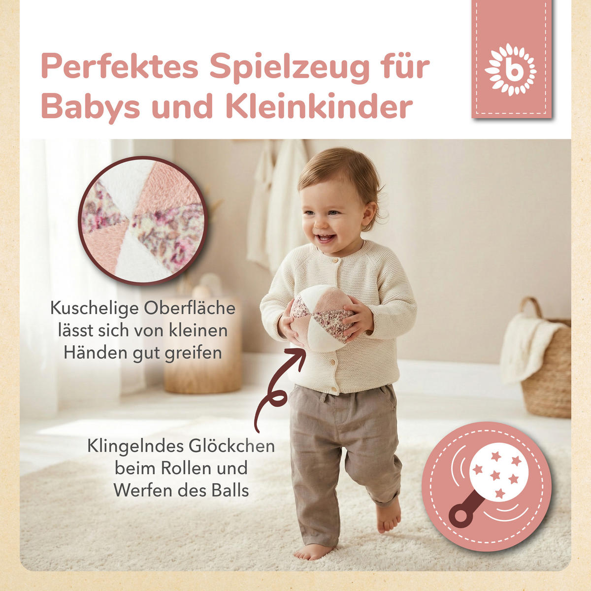 SOFTBALL mit Rassel, Ella Ø 10 cm Stoffball Baby - Rosa, Textil (10/10cm) - Bieco Spielwaren