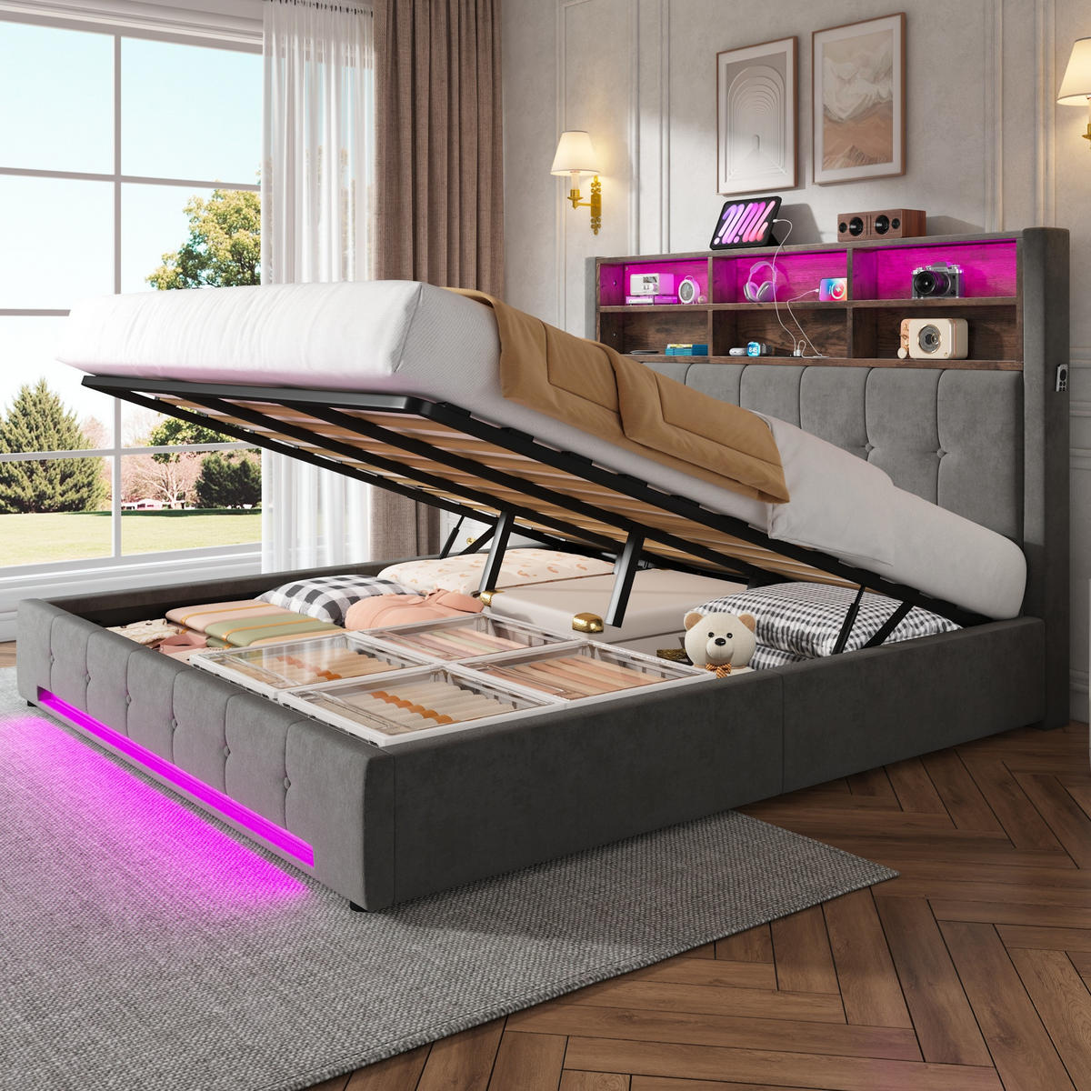 POLSTERBETT 180/200 cm Dunkelgrau mit 6 Fächer, Seitentaschen, USB-C und LED - Dunkelgrau, Textil (180/200cm) - Oxeza