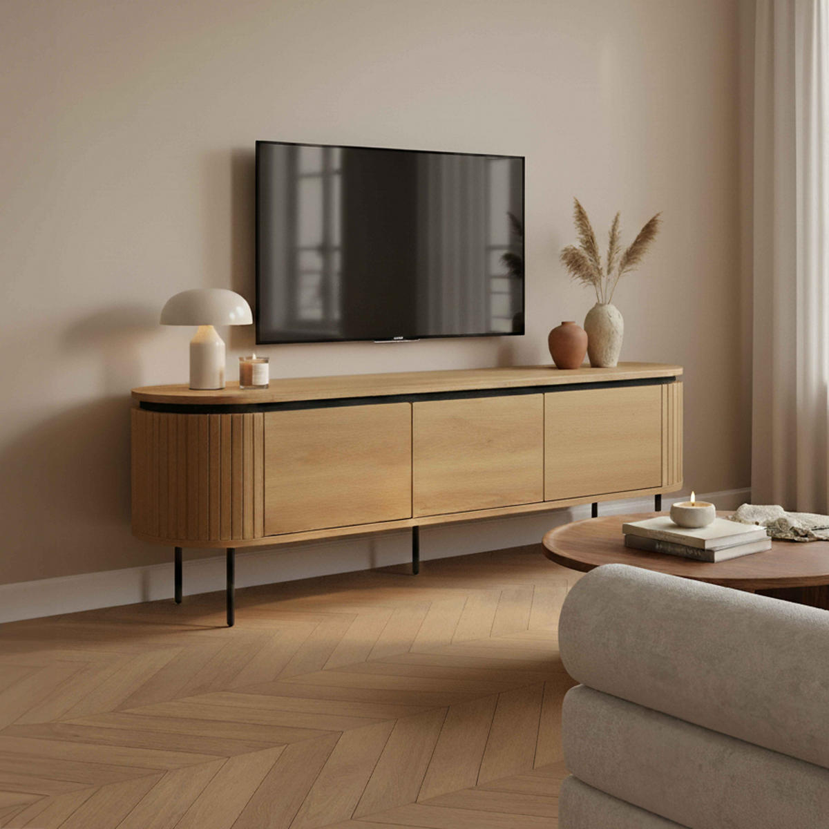 TV-SCHRANK, helles Holzeffekt - Beige, Holz/Metall (160/55/40cm) - Oviala