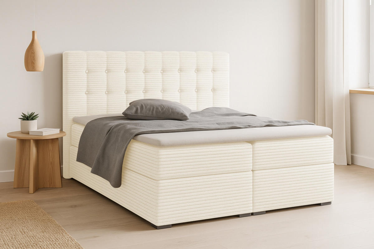 BOXBETT CARLY 180/200 in Cord Creme mit Bonell-Federkernmatratzen H3 - Creme, Holz/Holzwerkstoff (180/200cm) - Deine Möbel 24