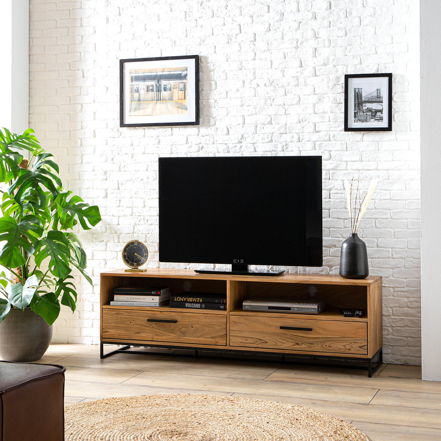 TV-LOWBOARD - Akazie massiv / Eisen, Breite 160 cm - Akaziefarben, Holz (160/50/40cm) - home24