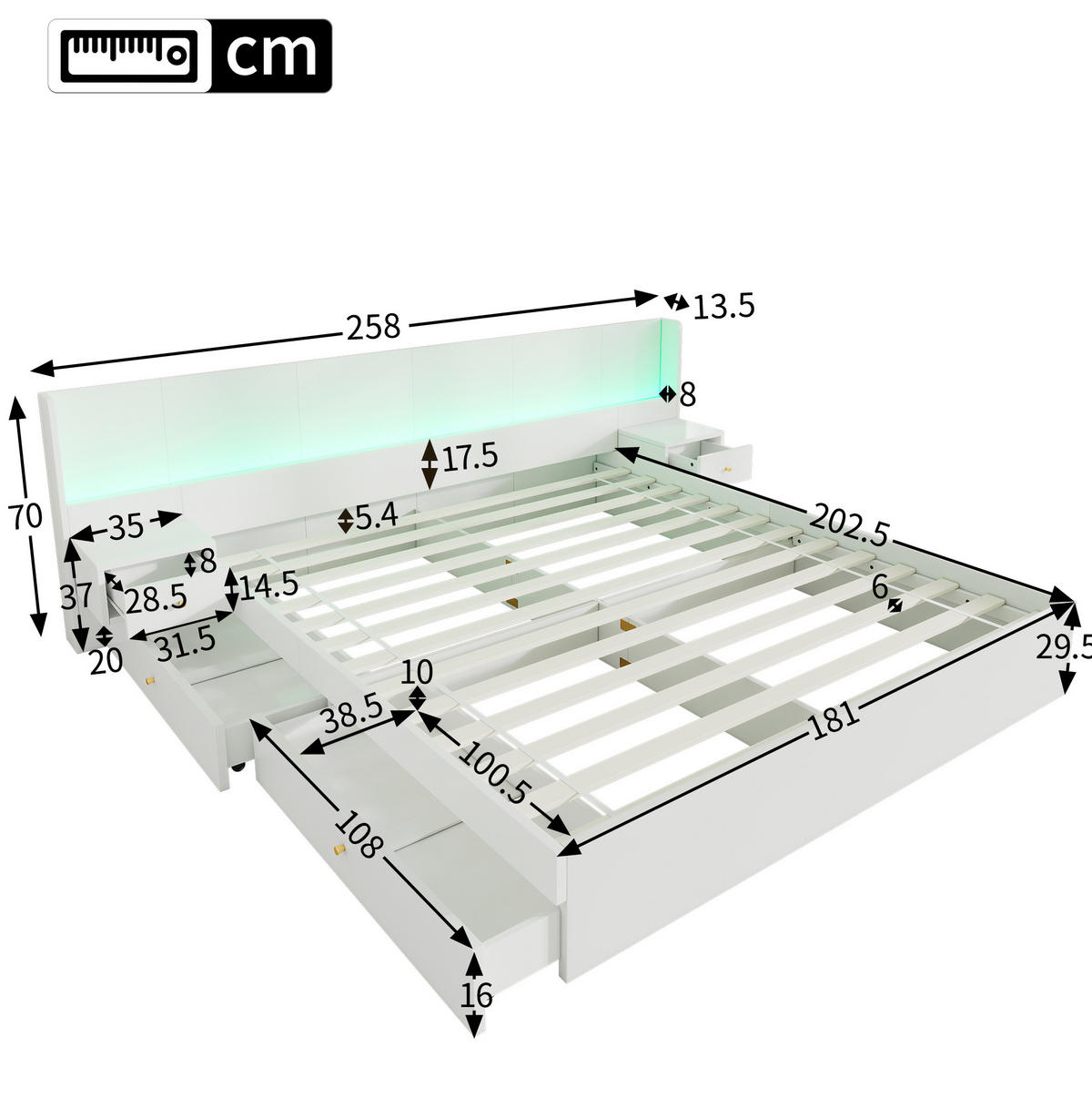 DOPPELBETT 180/200 cm mit USB-Anschlüssen, Steckdosen, LED-Beleuchtung und 2 Nachttischen mit Schubladen, Weiß - Weiß, Holzwerkstoff (180/200cm) - Redom
