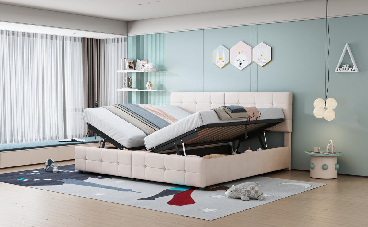 POLSTERBETT 180/200 cm Beige aus Samt mit hydraulischem Stauraum - Beige, Textil (180/200cm) - OKMYHOME