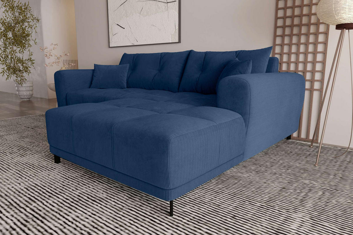 ECKSOFA Massimo Cordstoff Blau inkl. Schlaffunktion Rechts - Blau/Schwarz, Textil/Metall (246/177cm) - 99rooms