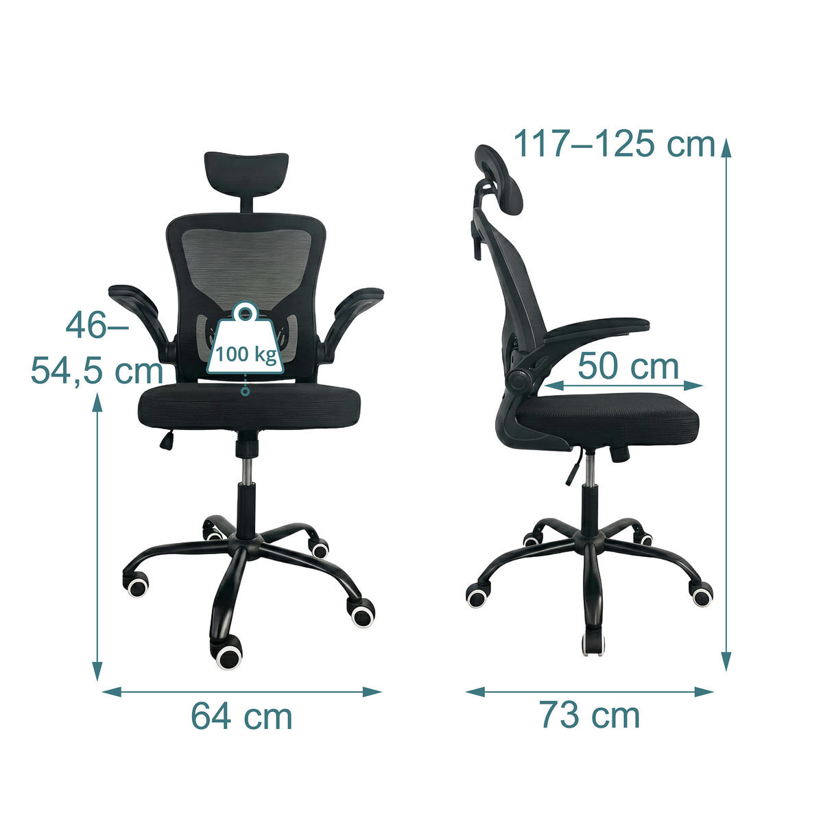 STOLIČKA Čierna kancelárska ergonomická - čierna, kov/textil (64/125/73cm) - Relaxdays