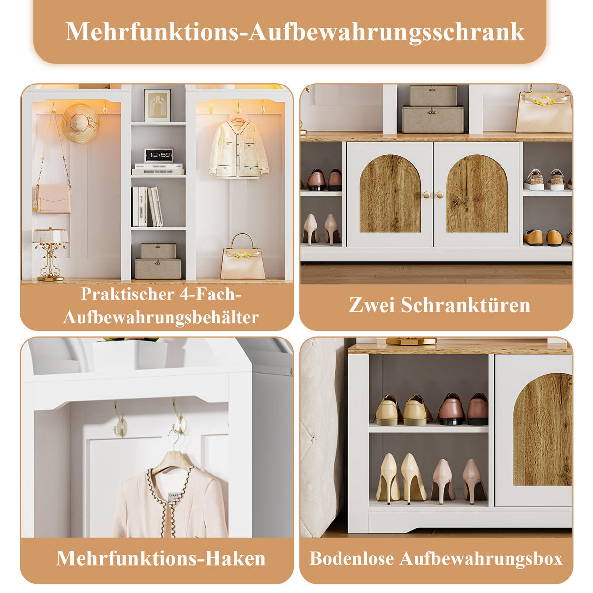 GARDEROBENSCHRANK multifunktional MDF Schuhregal Ablage Haken modern - Weiß, Holzwerkstoff (40/195/150cm) - FLIEKS