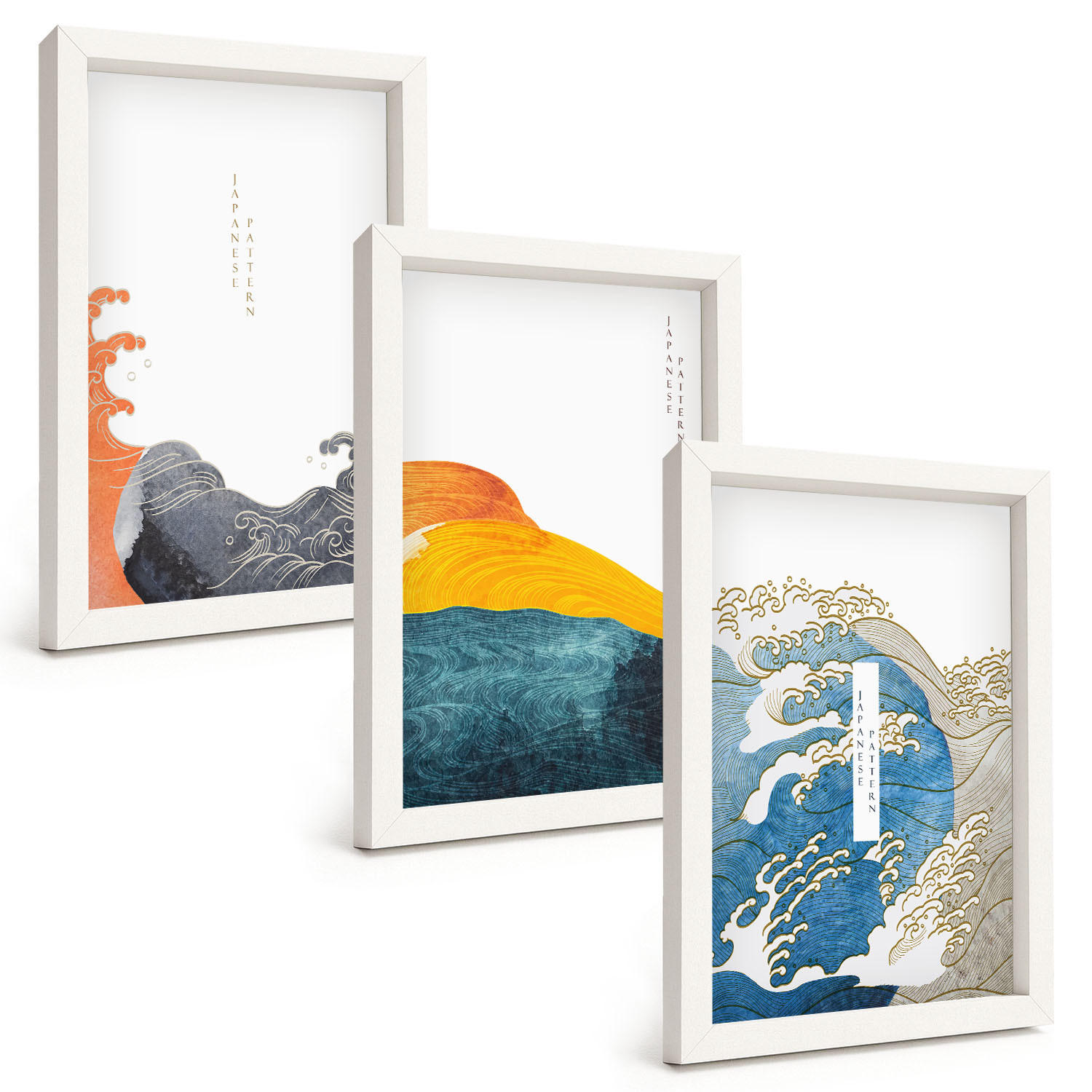 BILDER SET 3er Set - 20x30 cm Weißer Rahmen - Wellen des japanischen Grafikstils - Weiß, Kunststoff (20/30cm) - TULUP
