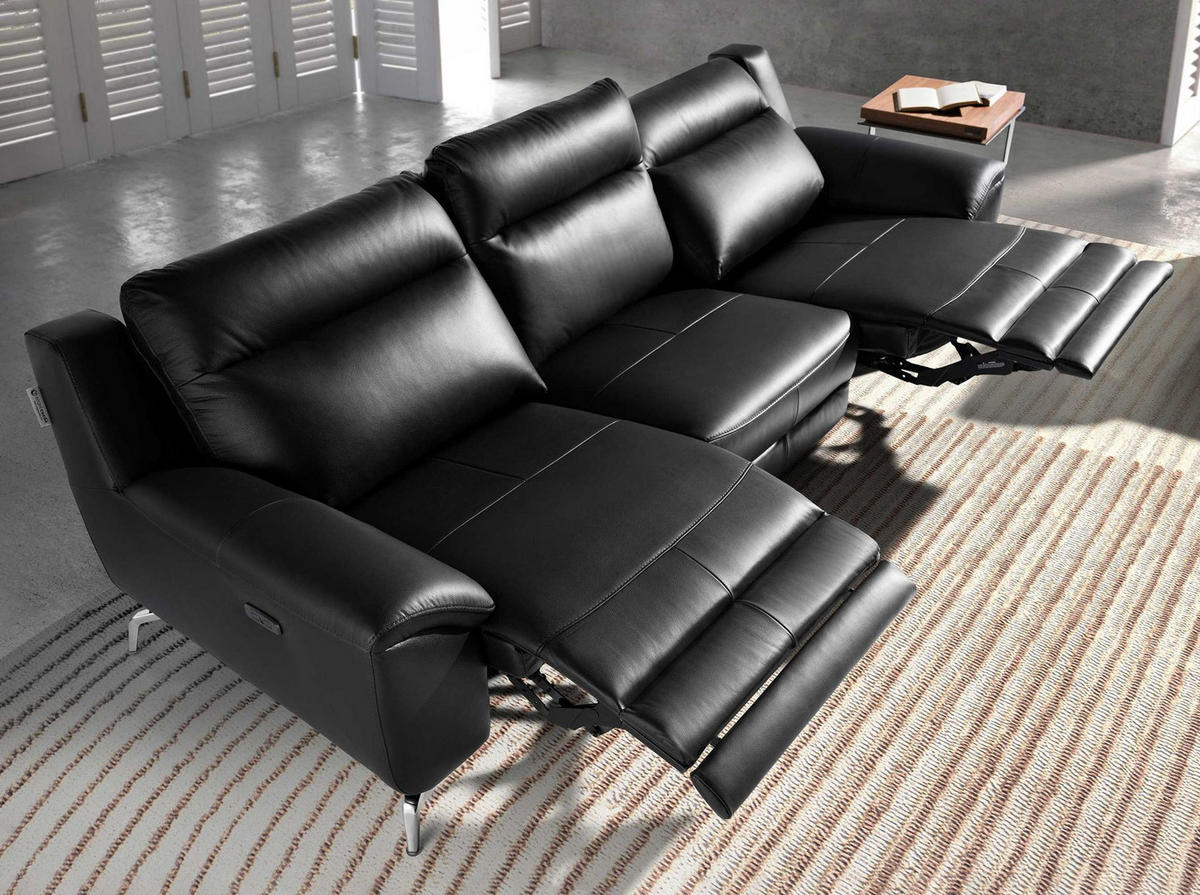 SOFA 3-Sitzer Leder Relaxsofa schwarz 264/93/92 cm - Edelstahlfarben/Schwarz, Leder (264/92/93cm) - ANGEL CERDA