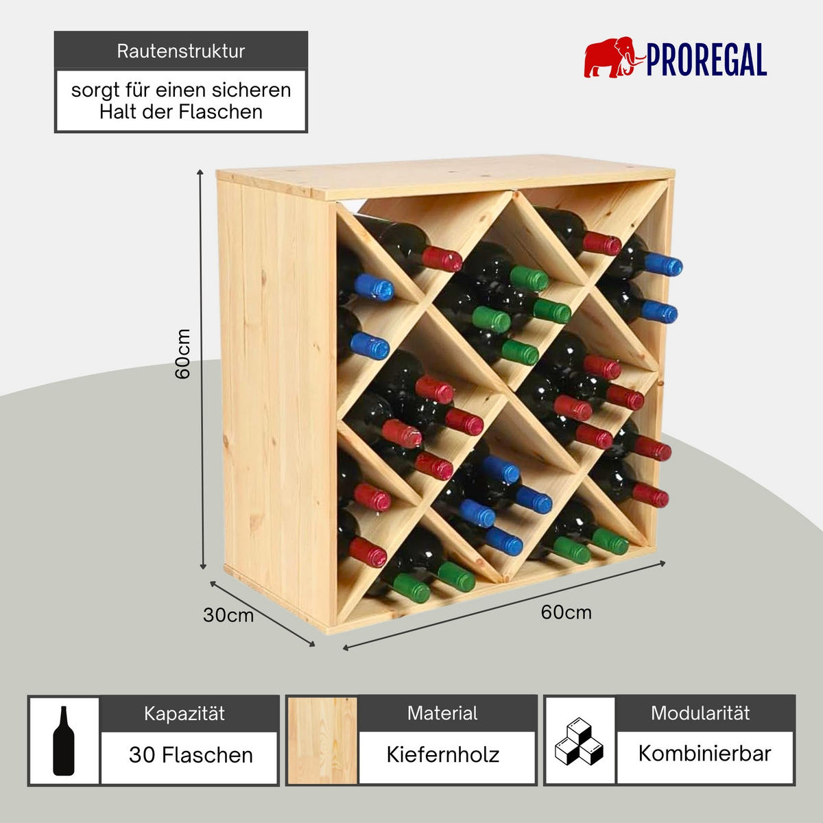 WEINREGAL Vincellar Mod 60x60x30 cm Rauten Modul Für 30 FlaschenMassives Kiefernholz Natur - Naturfarben, Holz (60/60/30cm) - PROREGAL