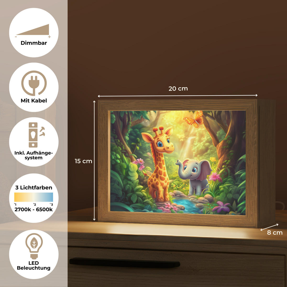 NACHTTISCHLAMPE Giraffe - Elefant - Blumen - Dschungel 20x15 cm - Grün, Holzwerkstoff (8/20/15cm)