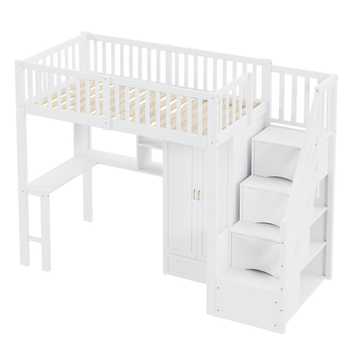 HOCHBETT 90/200 cm mit Kleiderschrank, Tisch, Regal und Treppe mit Schubladen aus Holzwerkstoff, Weiß - Weiß, Holzwerkstoff (90/200cm) - Redom