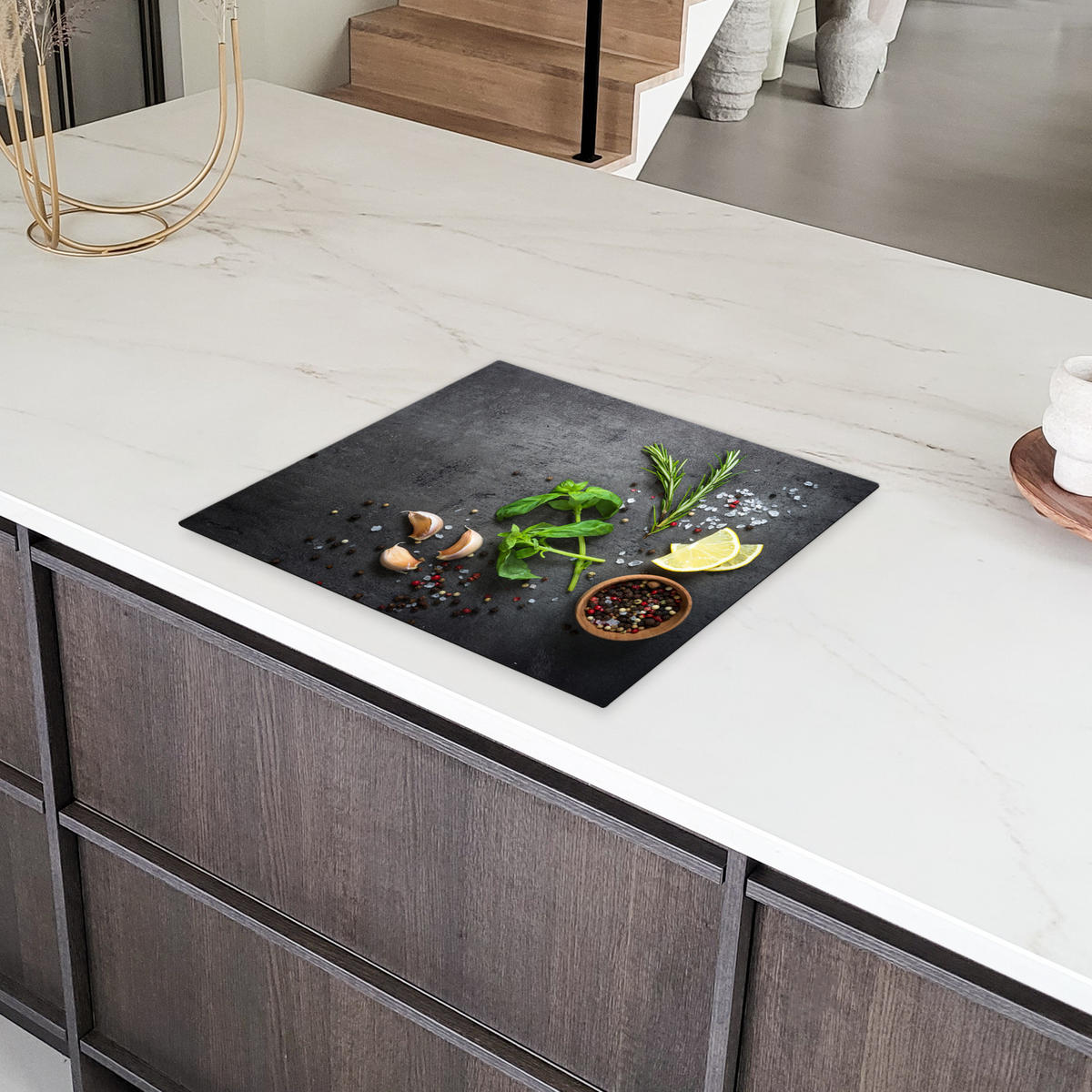 HERDABDECKPLATTE Limette - Kräuter - Gewürze - Grün - Grau - Beton 59x51 cm - Grün, Kunststoff (59/0.2/51cm) - MuchoWow