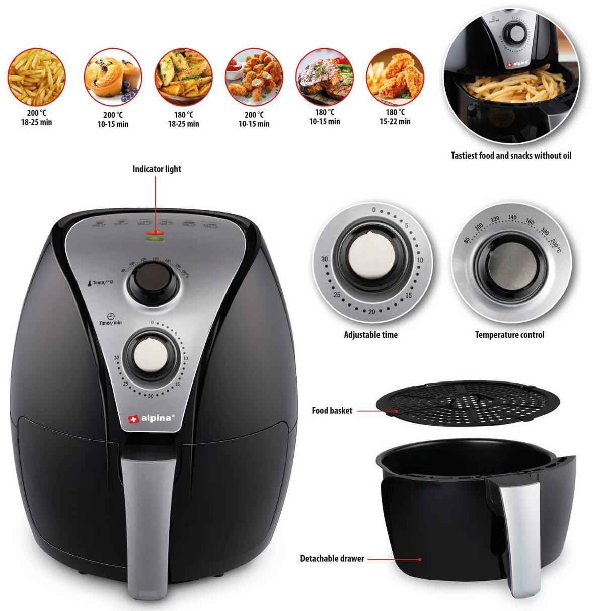 HEISSLUFTFRITTEUSE 3L 1300W Schwarz Kompakt - Schwarz, Kunststoff (25/30/30cm) - Alpina