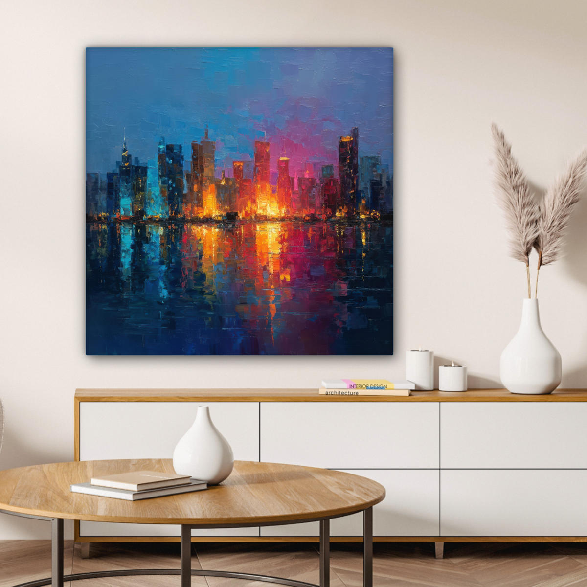 LEINWANDBILD Skyline - Pinselstriche - Dunkelblau - Leuchtend Deko Groß 90x90 cm - Blau, Textil (90/90cm) - MuchoWow