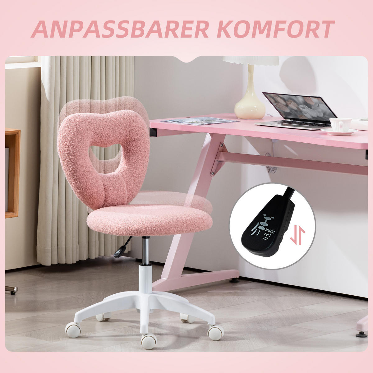 SCHREIBTISCHSTUHL Bürostuhl Drehbar Homeoffice Stuhl mit Herzförmige Rückenlehne - Rosa, Kunststoff (45/88/56cm) - HOMCOM